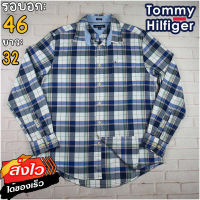 Tommy Hilfiger®แท้ อก 46 เสื้อเชิ้ตผู้ชาย ทอมมี่ ฮิลฟิกเกอร์ สีน้ำเงินเทา เสื้อแขนยาว เนื้อผ้าดี