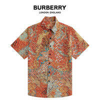 Burberrys ดั้งเดิมเสื้อลายฮาราจูกุผู้ชาย,เสื้อยืดลำลองฤดูร้อนแขนสั้นลายดอกไม้ผ้าฝ้ายระดับไฮเอนด์กระดุมเดี่ยวทรงหลวมแนวสตรีทแวร์