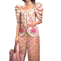 P010-246 PIMNADACLOSET - Square Neck Short Puff Sleeve Tie Waist Front Pockets Floral Woven Twill Long Leg Jumpsuit