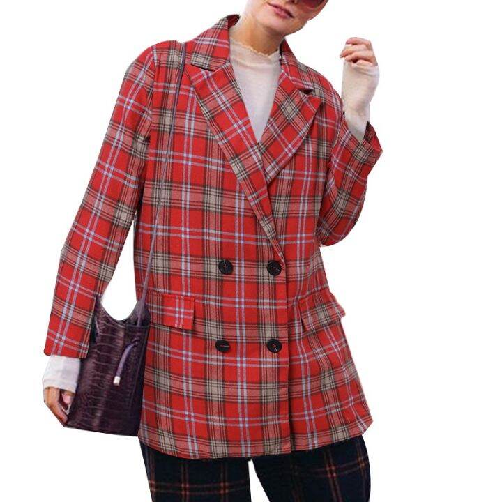 celmia-women-elegant-plaid-long-sleeve-collar-double-breasted-casual-blazer