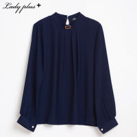 Lady Plus เสื้อแขนยาวคอจับจีบประดับเหลี่ยม | Long Sleeve Blouse with Collar Detail เสื้อทำงาน สีกรมท่า