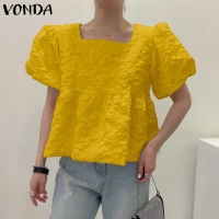 VONDA ผู้หญิงแฟชั่นแขนสั้น3D ดอกไม้พิมพ์จีบท็อปส์ฤดูร้อนสแควร์คอเสื้อยืด (เกาหลีสาเหตุ)