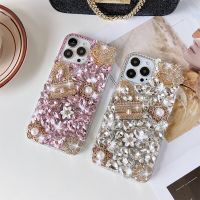 เคสโทรศัพท์มงกุฎเพชร3D กากเพชรหรูหราสำหรับ iPhone 14 13 11 12 Pro Max X XR XS Max 6 6S 8 7 Plus เคสกันกระแทกดอกไม้พลอยเทียมน่ารักเงางามขนาดเล็ก