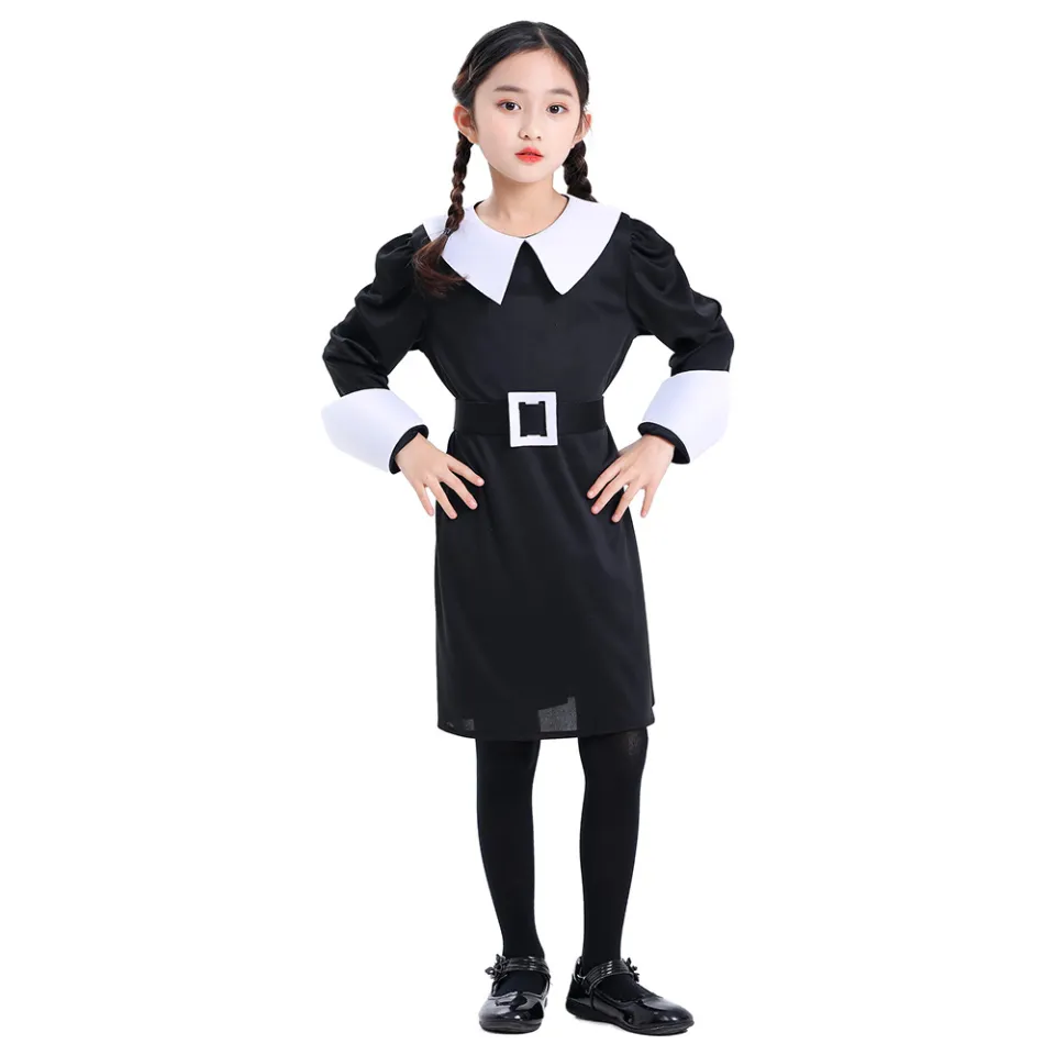 Wednesday Addams Cosplay Dress Women Girls Costumes Black Gothic Halloween  Party