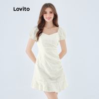 ☫✺ Lovito Casual Plain Ruched Ruffle Hem Puff Sleeve Dress for Women L49ED092 (Apricot)