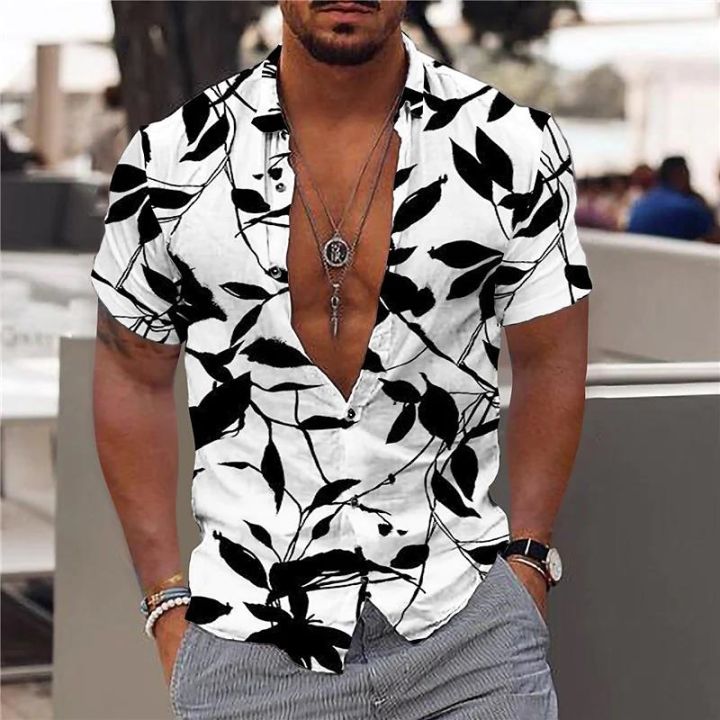 เสื้อคอวีผู้ชายพิมพ์ลายใบเมเปิลเสื้อฮาวายสำหรับผู้ชาย-เสื้อผ้าผู้ชายตามสมัยนิยมติดกระดุมแขนสั้น