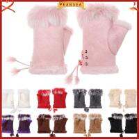 PEANSEA Fashion Suede Leather Winter Rabbit Fur Wrist Mitten Winter Glove Fingerless Gloves