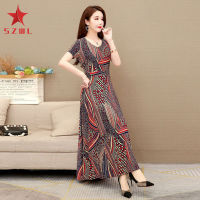 SZWL Women Dress Ice Silk Short Sleeves V Neck Printing Skirt Retro Casual Pullover A Line Dress