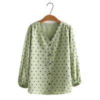 【มีไซส์ใหญ่】Plus Size Womens V-neck 9/10 Sleeve Polka Dot Printed Blouses Ladies Office-wear Button Up Autumn New Tops