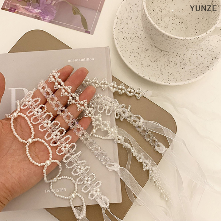 yunze-ที่คาดผมมุกคริสตัลหวานโรแมนติกลูกปัดดอกไม้ลูกไม้ริบบิ้นพันผมยาวประดับผมลูกไม้เครื่องประดับสร้อยคอโช้คเกอร์พยุงหลัง