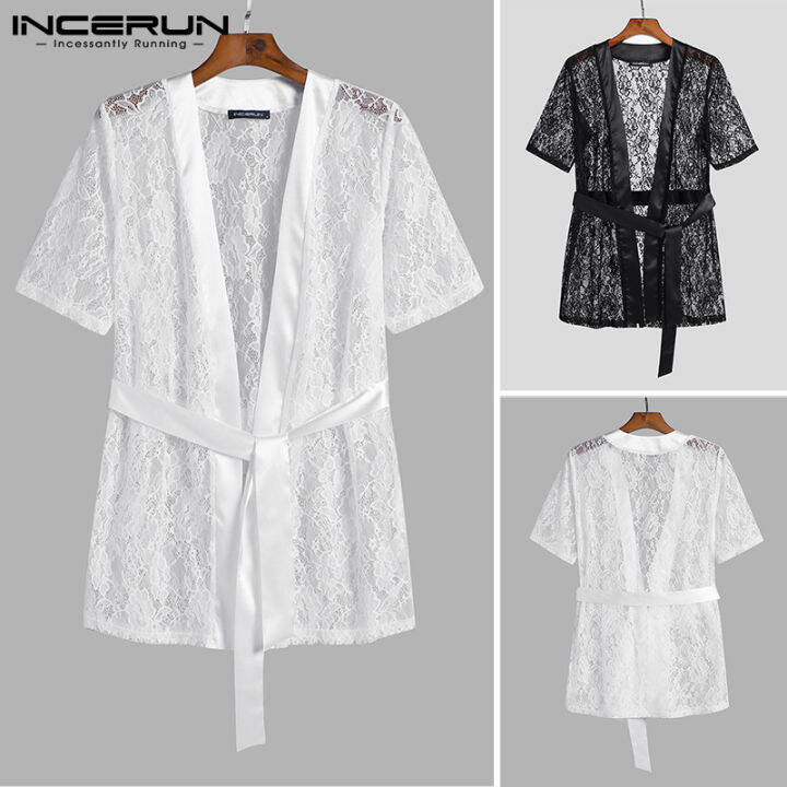 homewear-mens-floral-ลูกไม้-nighshirt-เสื้อคลุมอาบน้ำแขนสั้นดูผ่านชุดเสื้อนอน