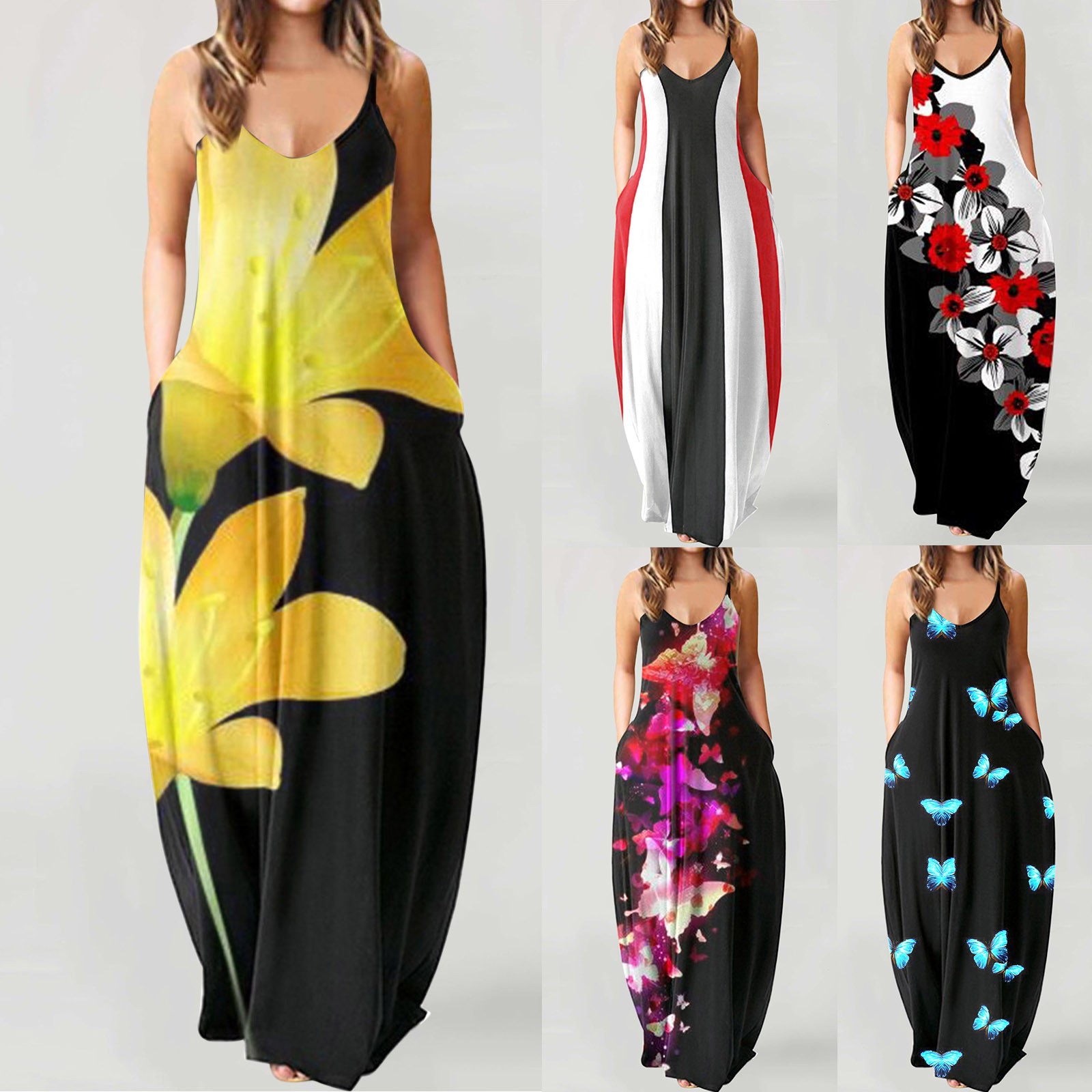 Maxi Dresses for Women Summer Womens O-Neck Sleeveless Plus Size Pullover Flower Print Long Dresses 