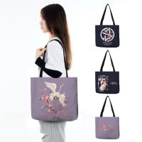 Japanese Style Women 39;s Tote Handbag Casual Large Capacity Shopper Shoulder Bags Cat Crane Print Fashion Handbags