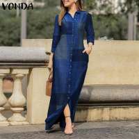 VONDA  Autumn Women Elegant Shirt Dress Casual Patchwork Bohemian Long Sundress Printed Party Vestidos Kaftan Robe Plus Size