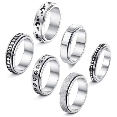 6 Pcs Spinner แหวนสแตนเลสชายสัญญา Fidget Band ชุดแหวนสร้อยเงินดวงอาทิตย์ดวงจันทร์ดาวสมาธิแหวนสำหรับบรรเทาความเครียด