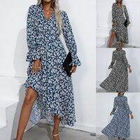 Long Sleeve Slim Floral Print Dress Femme Elegant V Neck Big Swing Maxi Dresses for Women