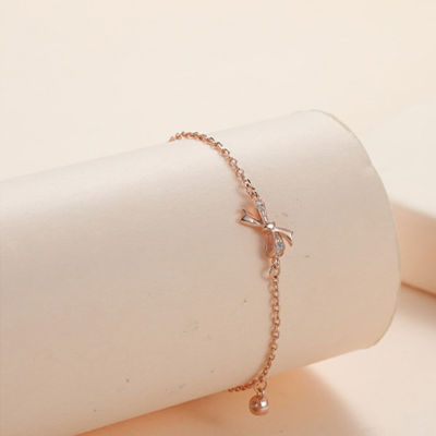 ANENJERY 925 Sterling Silver Zircon Bow-Knot Bracelet For Women Simple Temperament Rose gold Bracelet Student Accessories