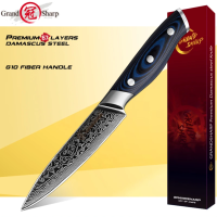 ?พร้อมส่ง?GrandSharp Damascus Knife มีดยูทิลิตี้ขนาด 5 นิ้วมีดทำครัวญี่ปุ่นดามัสกัส AUS-10 มีดโกนเหล็กใบมีดคมใบมีดตัดผลไม้ด้ามจับ G10