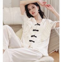 สตรี Silky ซาตินชุดนอนชุด2ชิ้นแขนสั้นยาว PantsPj ชุดชุดนอน Loungewear Casual ปุ่มลงเสื้อผ้า