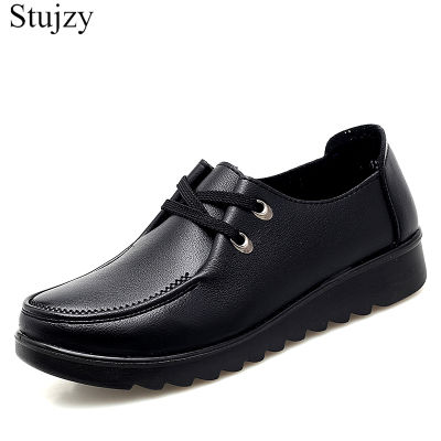 Studjzy รองเท้ารองเท้าหนังสตรีแบบมีเชือกผูก,รองเท้ารองเท้าบูทส้นแบนพื้นนุ่มกันลื่นรองเท้าผู้สูงอายุรองเท้าคุณแม่