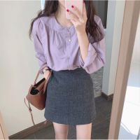 สินค้าพร้อมส่ง เสื้อแขนยาว สีม่วง แขนพอง คอกลม ใส่แล้วน่ารัก [138]