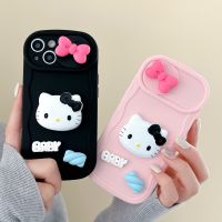 เข้ากันได้กับเคสโทรศัพท์สำหรับ iPhone 14 13 12 Pro Max Plus 11 3D น่ารัก Hello Kitty Bowknot Gulali คู่หน้าต่างเลื่อนกล้องป้องกันรอยขีดข่วนเคส TPU คลื่นนิ่ม