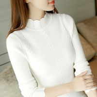【Ready】Women Slim Knitted Ribbed Sweater Elastic Mock Neck Long Sleeve Basic Pullover