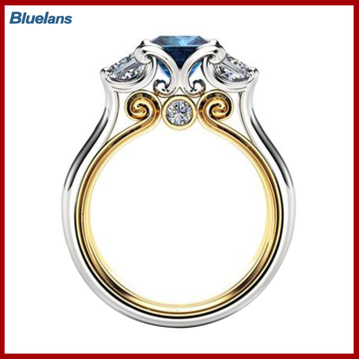 Bluelans®ของขวัญขอแต่งงานแหวนใส่นิ้วฝังแซฟไฟร์เทียมทรงสี่เหลี่ยมสำหรับผู้หญิง