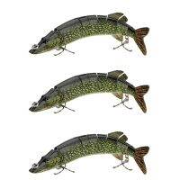 3X 20cm 40G Lifelike Multi-Jointed 8-Segement Pike Muskie Fishing Lure Swimbait Crankbait Hard Bait Fish Hook ArmyGreen