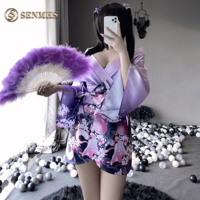 SENMHS 3Pcs Japanese Traditional Style Kimono Women Sexy Lingerie Cosplay Uniform Soft Silk With Big Bow Belt Purple Pink Pajama