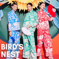 Set Qipao - Birds nest เซ็ตกางเกงกี่เพ้าผ้าลื่น ชุดจีนลายพิมพ์ ชุดฟรีไซส์