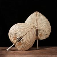 Handmade DIY Raffia Summer Fan Heart Shaped Bamboo Weaving Hand Fans With Handle Wind Cooling Tools Chinese Wall Arts Decor