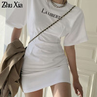 Zhu Xia เสื้อยืดแขนสั้นมีตัวอักษร,กระโปรงสั้นผู้หญิงครึ่งแขนยาวกระโปรงสะโพกวัสดุเครื่องประดับตกแต่งสำหรับงานดีไอวายกระโปรงชุดเดรส