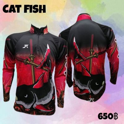 เสื้อตกปลา JK THAILAND ลาย CAT FISH สีแดง  ป้องกันรังสี UV 80-90% สีไม่ตก แห้งเร็ว