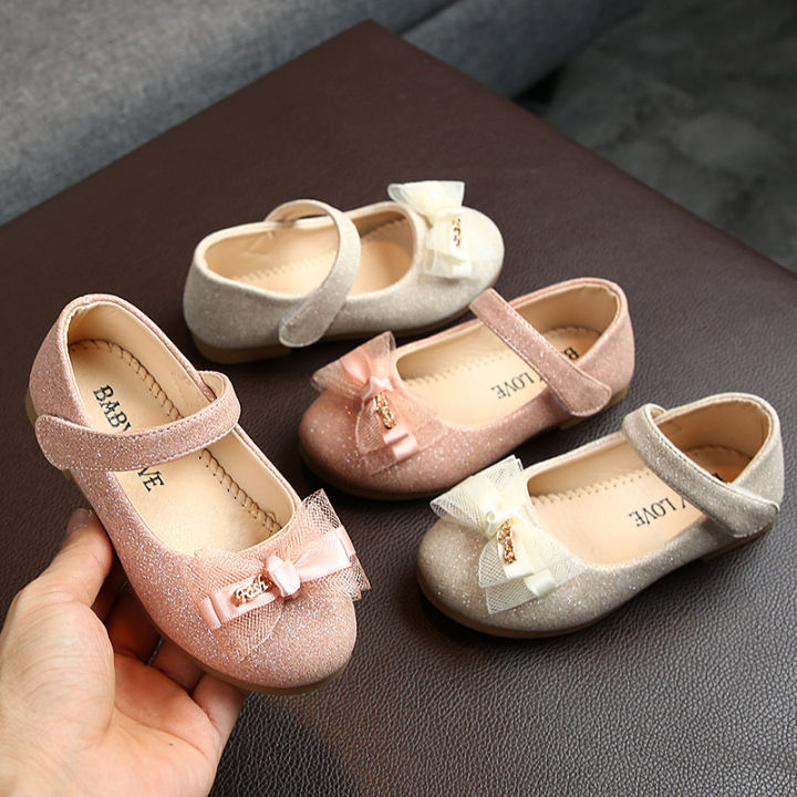 รองเท้าคัทชูขนาดเล็กสำหรับเด็กผู้หญิง-รองเท้าเจ้าหญิงมีโบว์ผ้าลูกไม้แวววาวขนาดเล็กสำหรับฤดูใบไม้ผลิและฤดูใบไม้ร่วง