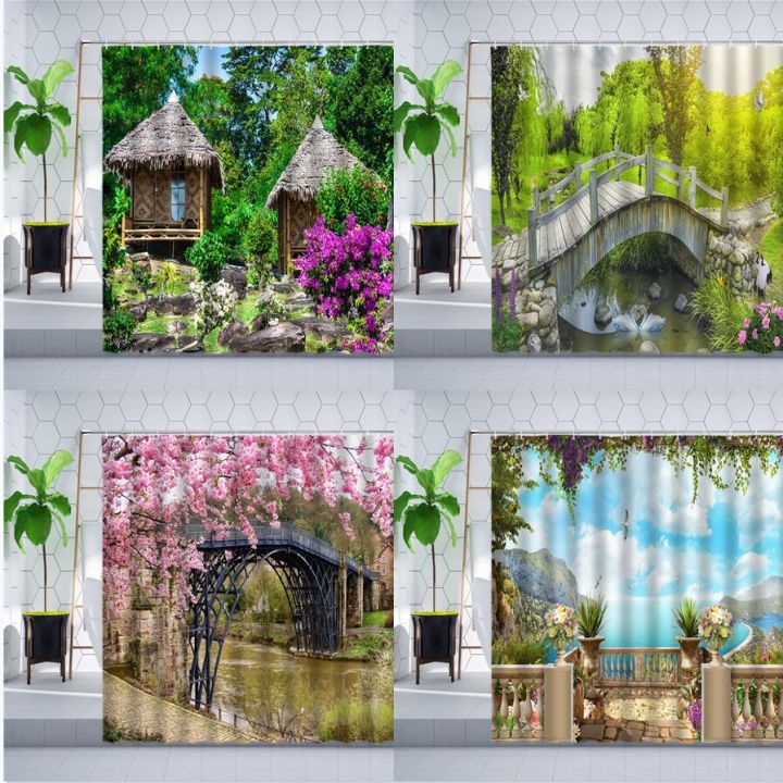 spring-garden-landscape-shower-curtain-wooden-house-green-plants-tree-forest-cherry-blossom-ocean-scenery-curtains-bathroom-sets