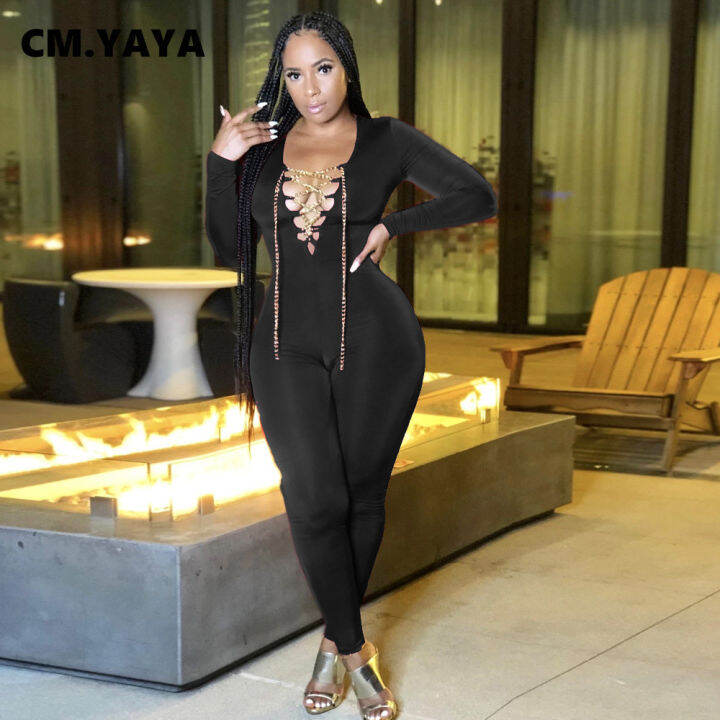 cmyaya-autumn-chain-lace-up-v-neck-long-sleeve-jumpsuit-women-active-sexy-club-night-party-bodycon-romper-one-piece-overalls