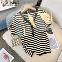 OULINNA เสื้อกันหนาวแขนเสื้อสั้นถักคอวีลายทางเปิดไหล่สำหรับผู้หญิง,เสื้อแฟชั่นอเนกประสงค์คลุมหน้าท้องสำหรับน้องสาวอ้วนขนาดพอดีตัวสำหรับฤดูร้อน