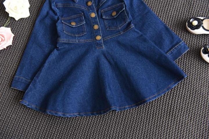 jeansame-dress-สาวชุดยีนส์ฤดูใบไม้ร่วงใหม่ขนาดเล็กและขนาดกลางแฟชั่นเด็กเสื้อผ้าแขนยาวปกกระเป๋าเด็กชุดกระดุมแถวเดียว