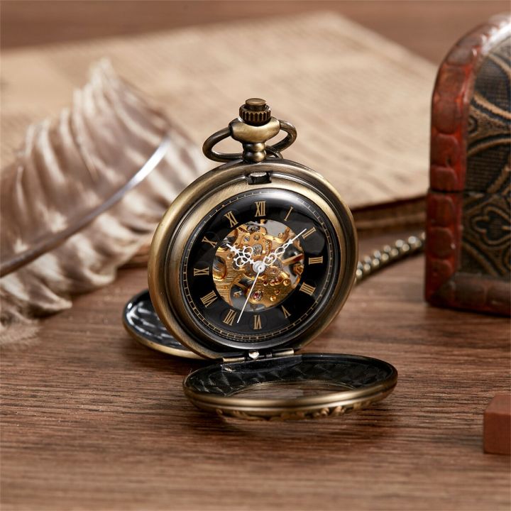 นาฬิกาพกกลไกอัตโนมัติฝาเปิดสองชั้นดีไซน์แกะสลักนาฬิกานาฬิกาพกสีบรอนซ์กลไกสำหรับผู้ชายแนวย้อนยุค