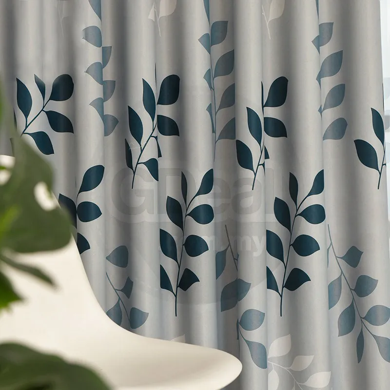 Floral Leaf Thermal Blockout Eyelet Curtains - (Grey-Blue)