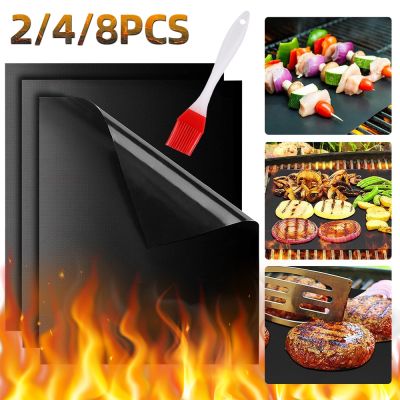 ☇ 2/4/8pc BBQ Grill Mat Set Non-Stick Barbecue Mat with Brush Reusable Easy Clean for Electric Grill Gas Charcoal Kitchen BBQ Tool