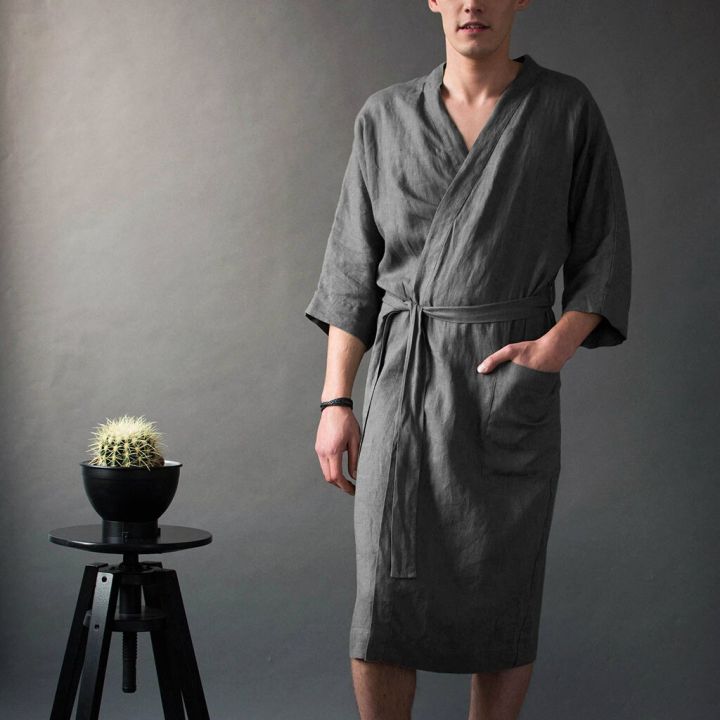 เสื้อคลุมอาบน้ำชุดราตรีผ้าลินินสีทึบยาวของผู้ชายเสื้อคลุมอาบน้ำกิโมโน-sp-เสื้อคลุมยาวผูกเชือกสำหรับฤดูร้อน
