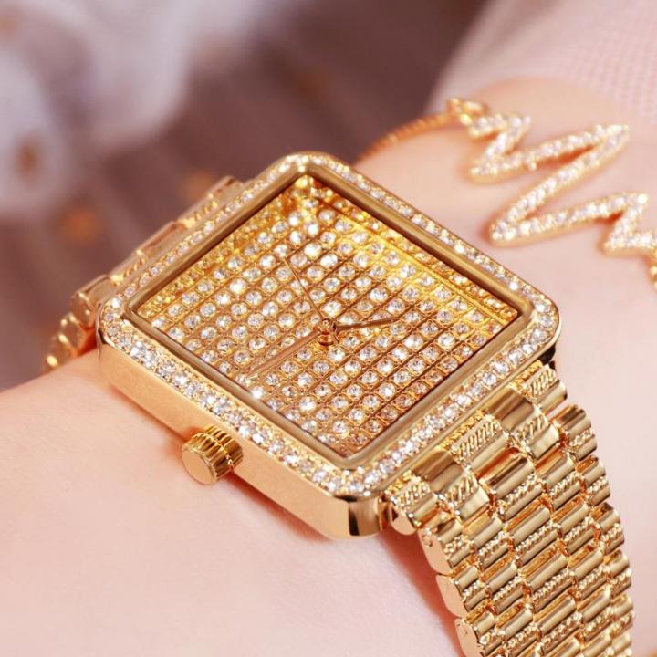 นาฬิกาข้อมือสตรีสีทองประดับเพชรสีทองสำหรับสุภาพสตรีนาฬิกาแฟชั่นสตรีนาฬิกาควอตซ์ง่ายทองคำสีกุหลาบหรู