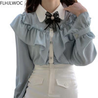 Cute Retro Vintage Ruffles Bow Tie Ribbon Tops Flhjlwoc Basic Elegant Work Formal Single Breasted Button Solid White Shirts