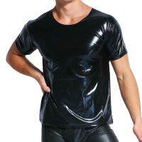 Cool Men PU Imitation Faux Leather T-Shirts Hot Sexy Club Dance Stage Performance Wear Light Man T-shirt Tops Tees Undershirt Pipe Fittings Accessorie