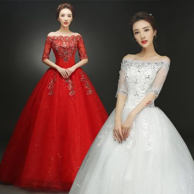ชุดเดรสเรียบง่ายเข้ารูปสไตล์เกาหลีเปิดไหล่ข้างเดียวสำหรับเจ้าสาวชุดแต่งงานสีแดง Qs1074