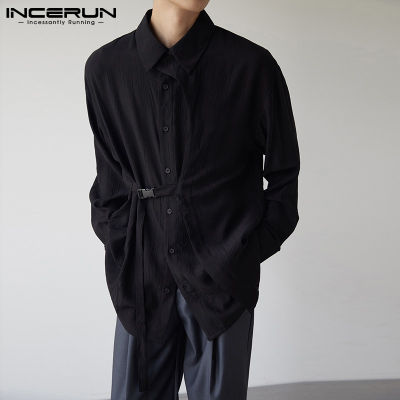 INCERUN เสื้อทีเชิร์ตแบบลำลองสำหรับชุดผู้หญิงดูผ่านเสื้อเย็บริมที่ไม่สม่ำเสมอแขนยาวสำหรับผู้ชาย