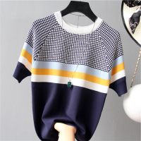 Summer new Korean thousand bird color contrast ice silk T-shirt womens Pullover slim panel color T-shirt short sleeve