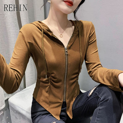 REHIN ของผู้หญิงด้านบนใหม่ผิดปกติคลุมด้วยผ้าซิป Drawstring แจ็คเก็ตขนาดเล็กแขนยาวเสื้อยืดบางส่วนสั้นแนวโน้มเสื้อ